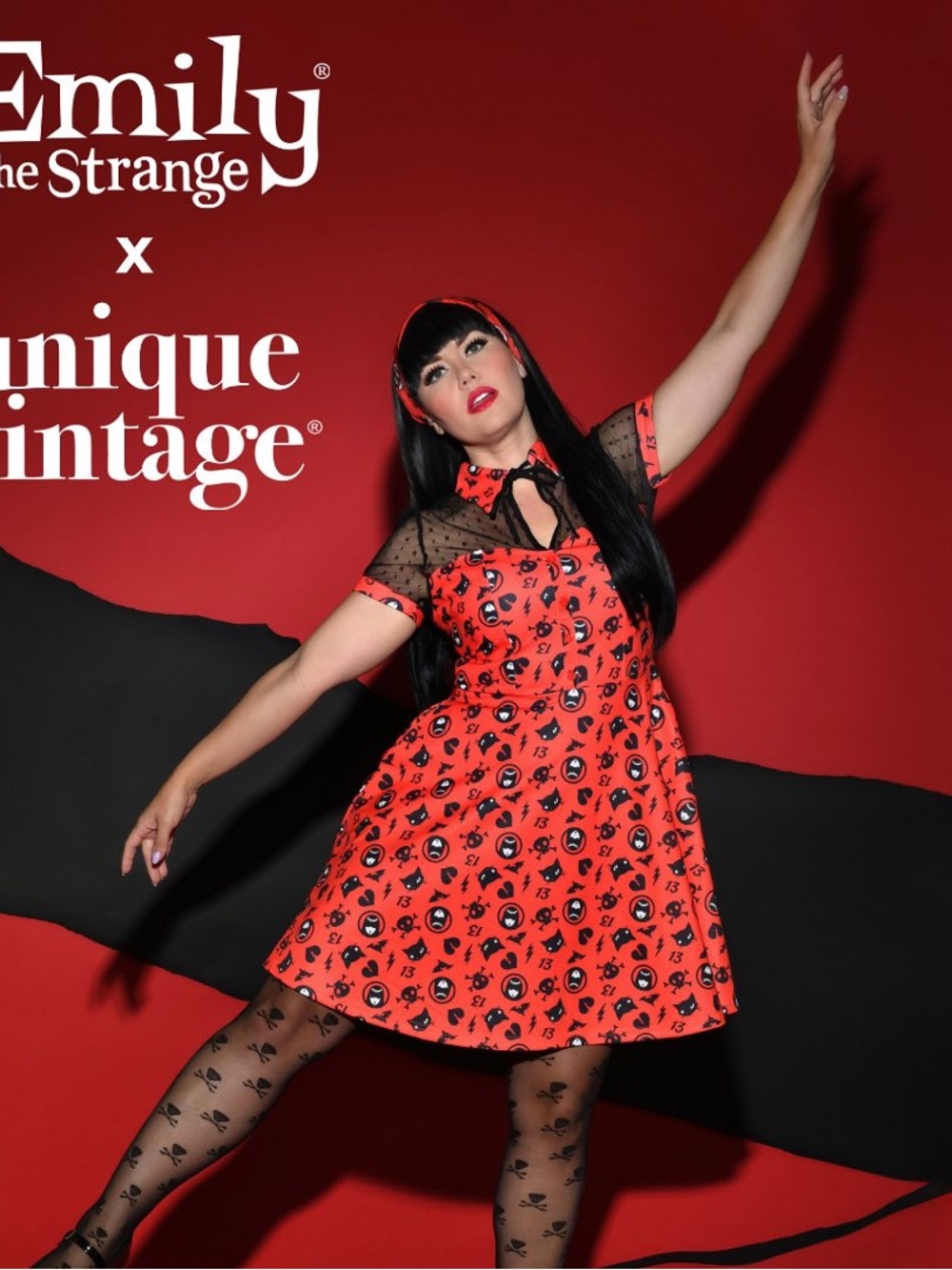 Unique Vintage Red and Black Emily the Strange Fit-and-Flare Dress